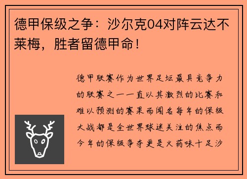 德甲保级之争：沙尔克04对阵云达不莱梅，胜者留德甲命！