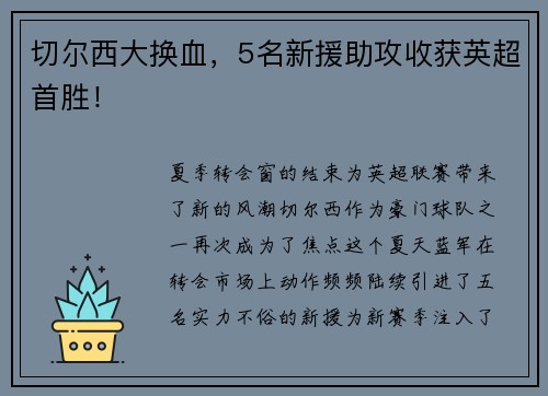切尔西大换血，5名新援助攻收获英超首胜！